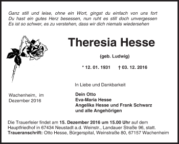 Traueranzeige von Theresia Hesse von Trauerportal Rhein Main Presse