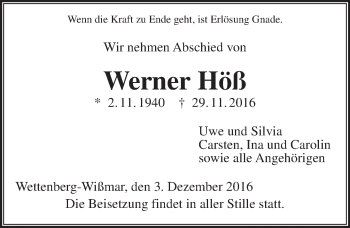 Traueranzeige von Werner Höß von  Gießener Anzeiger