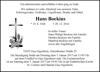 Traueranzeige von Hans Bockius von Trauerportal Rhein Main Presse