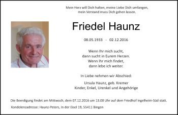 Traueranzeige von Friedel Haunz von Trauerportal Rhein Main Presse