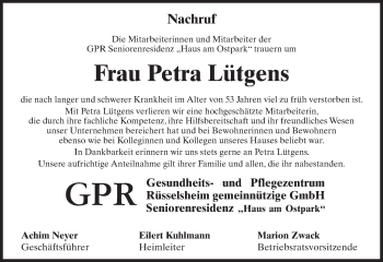 Traueranzeige von Petra Lütgens von Trauerportal Rhein Main Presse
