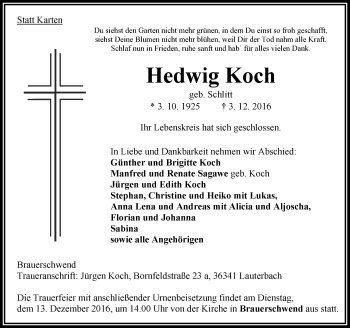 Traueranzeige von Hedwig Koch von VRM Trauer