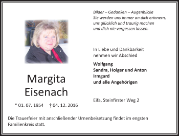 Traueranzeige von Margita Eisenach von VRM Trauer