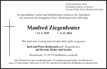 Traueranzeige von Manfred Ziegenfeuter von Trauerportal Rhein Main Presse