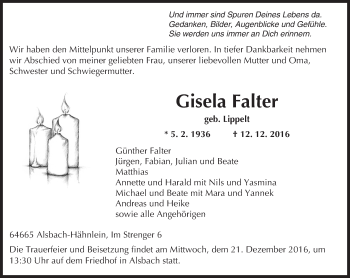 Traueranzeige von Gisela Falter von Trauerportal Echo Online