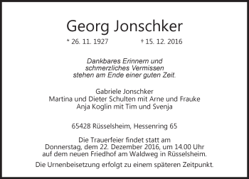 Traueranzeige von Georg Jonschker von Trauerportal Rhein Main Presse