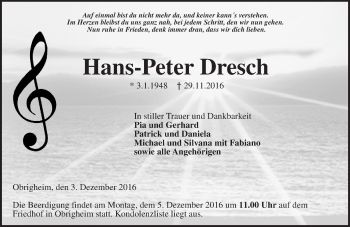 Traueranzeige von Hans-Peter Dresch von Trauerportal Rhein Main Presse