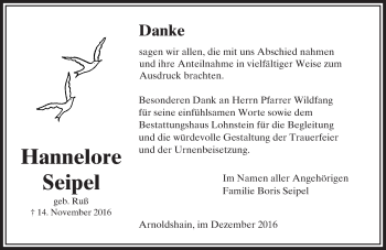 Traueranzeige von Hannelore Seipel von  Usinger Anzeiger