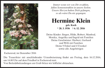 Traueranzeige von Hermine Klein von  Kreisanzeiger