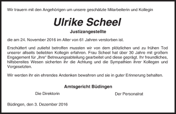 Traueranzeige von Ulrike Scheel von  Kreisanzeiger
