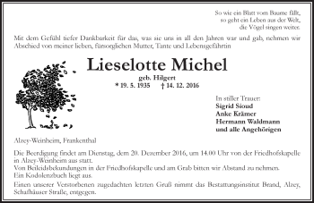 Traueranzeige von Lieselotte Michel von Trauerportal Rhein Main Presse