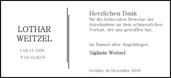 Traueranzeige von Lothar Weitzel von  Gelnhäuser Tageblatt