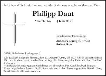 Traueranzeige von Philipp Daut von Trauerportal Rhein Main Presse