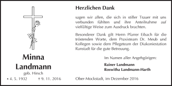 Traueranzeige von Minna Landmann von  Kreisanzeiger