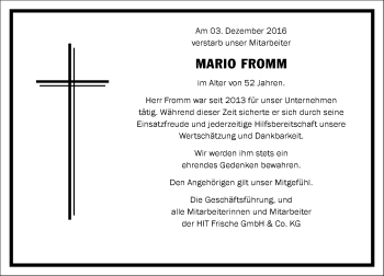 Traueranzeige von Mario Fromm von  Kreisanzeiger