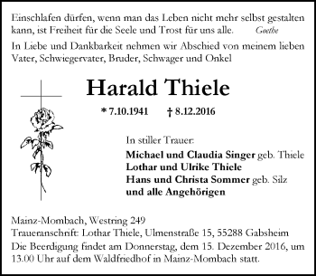 Traueranzeige von Harald Thiele von Trauerportal Rhein Main Presse