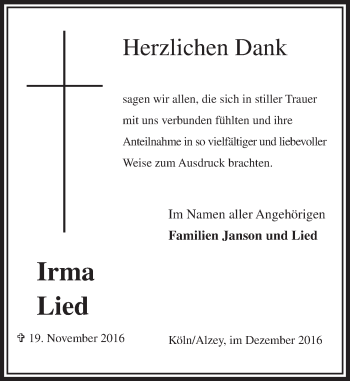 Traueranzeige von Irma Lied von Trauerportal Rhein Main Presse
