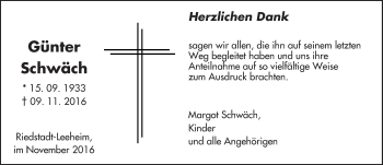 Traueranzeige von Günter Schwäch von Trauerportal Echo Online
