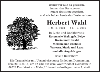 Traueranzeige von Herbert Wahl von Trauerportal Echo Online