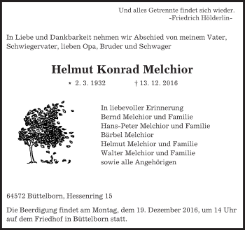 Traueranzeige von Helmut Konrad Melchior von Trauerportal Echo Online