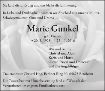 Traueranzeige von Marie Gunkel von Trauerportal Echo Online