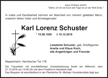 Traueranzeige von Karl Lorenz Schuster von Trauerportal Echo Online