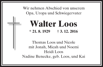 Traueranzeige von Walter Loos von  Kreisanzeiger