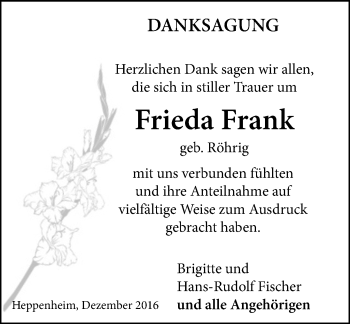 Traueranzeige von Frieda Frank von Trauerportal Echo Online