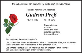 Traueranzeige von Gudrun Preß von Trauerportal Rhein Main Presse