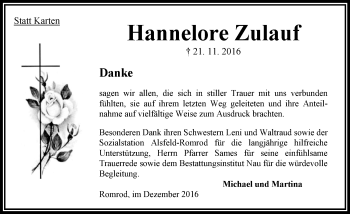 Traueranzeige von Hannelore Zulauf von VRM Trauer