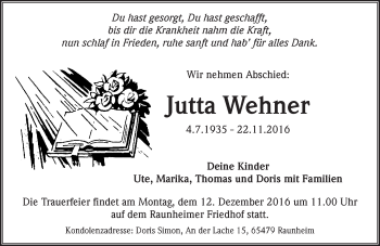 Traueranzeige von Jutta Wehner von Trauerportal Rhein Main Presse