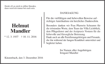 Traueranzeige von Helmut Mandler von  Gießener Anzeiger