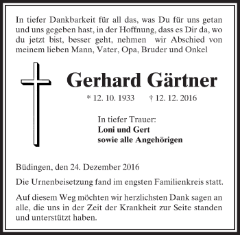 Traueranzeige von Gerhard Gärtner von  Kreisanzeiger