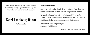 Traueranzeige von Karl Ludwig Rinn von  Gießener Anzeiger