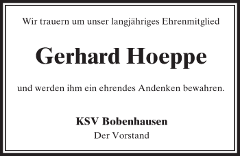 Traueranzeige von Gerhard Hoeppe von  Kreisanzeiger