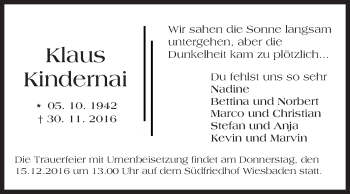 Traueranzeige von Klaus Kindernai von Trauerportal Rhein Main Presse