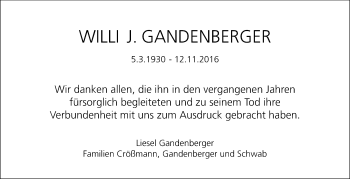 Traueranzeige von Willi Gandenberger von Trauerportal Echo Online