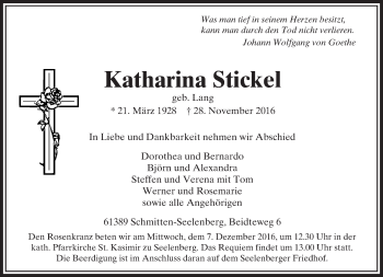 Traueranzeige von Katharina Stickel von  Usinger Anzeiger