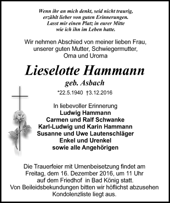 Traueranzeige von Lieselotte Hammann von Trauerportal Echo Online