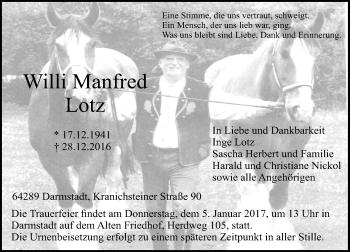 Traueranzeige von Willi Manfred Lotz von Trauerportal Echo Online