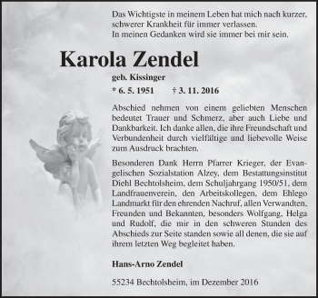 Traueranzeige von Karola Zendel von Trauerportal Rhein Main Presse