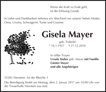 Traueranzeige von Gisela Mayer von Trauerportal Rhein Main Presse