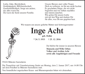 Traueranzeige von Inge Acht von Trauerportal Rhein Main Presse