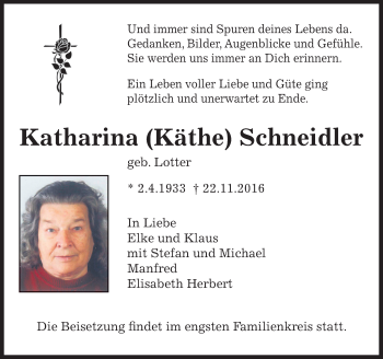Traueranzeige von Katharina Schneidler von  Gelnhäuser Tageblatt