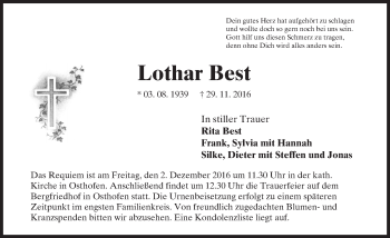 Traueranzeige von Lothar Best von Trauerportal Rhein Main Presse