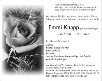 Traueranzeige von Emmi Knapp von Trauerportal Echo Online
