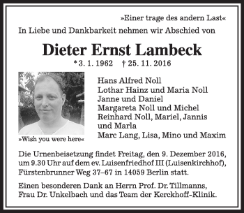 Traueranzeige von Dieter Ernst Lambeck von  Gießener Anzeiger