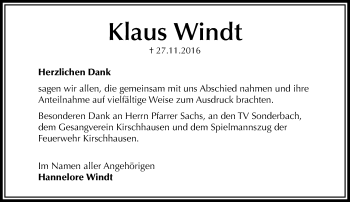 Traueranzeige von Klaus Windt von Trauerportal Echo Online