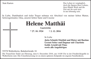 Traueranzeige von Helene Matthäi von Trauerportal Rhein Main Presse
