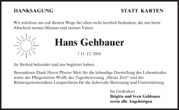 Traueranzeige von Hans Gehbauer von Trauerportal Echo Online